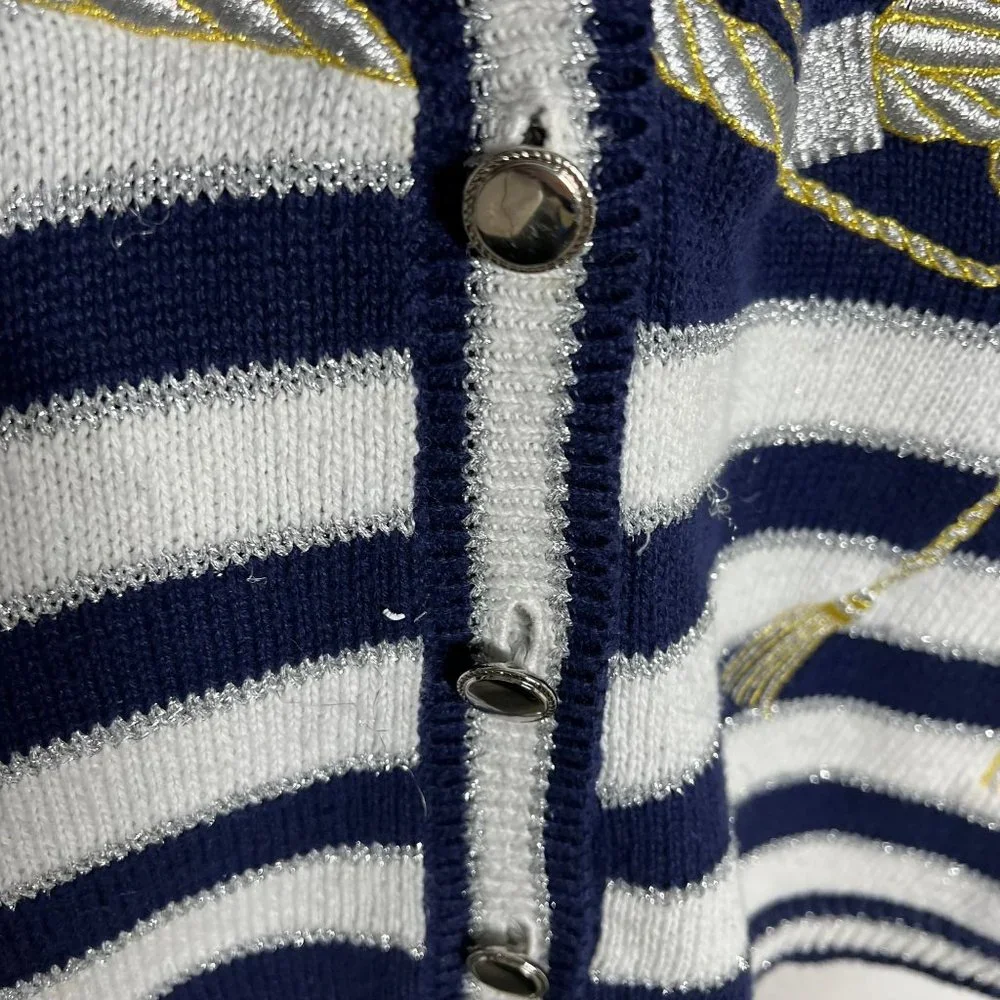 Vintage 90s Blue White Nautical Pattern Knit Button Up Cardigan Large - Picture 3 of 9